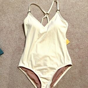 Kona Sol one piece swimsuit, cream color,  ribbed, tie back, lightly padded bra